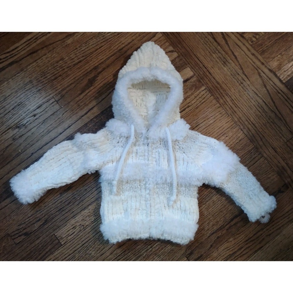 Handmade Crochet Faux Fur Trim Hooded Jacket Sweater White Cream Infant Toddler